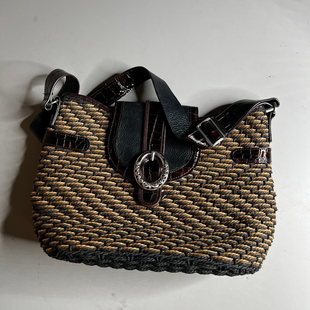 Brighton Straw Shoulder Bag Woven Leather Croc Trim Silver Buckle Tan Black